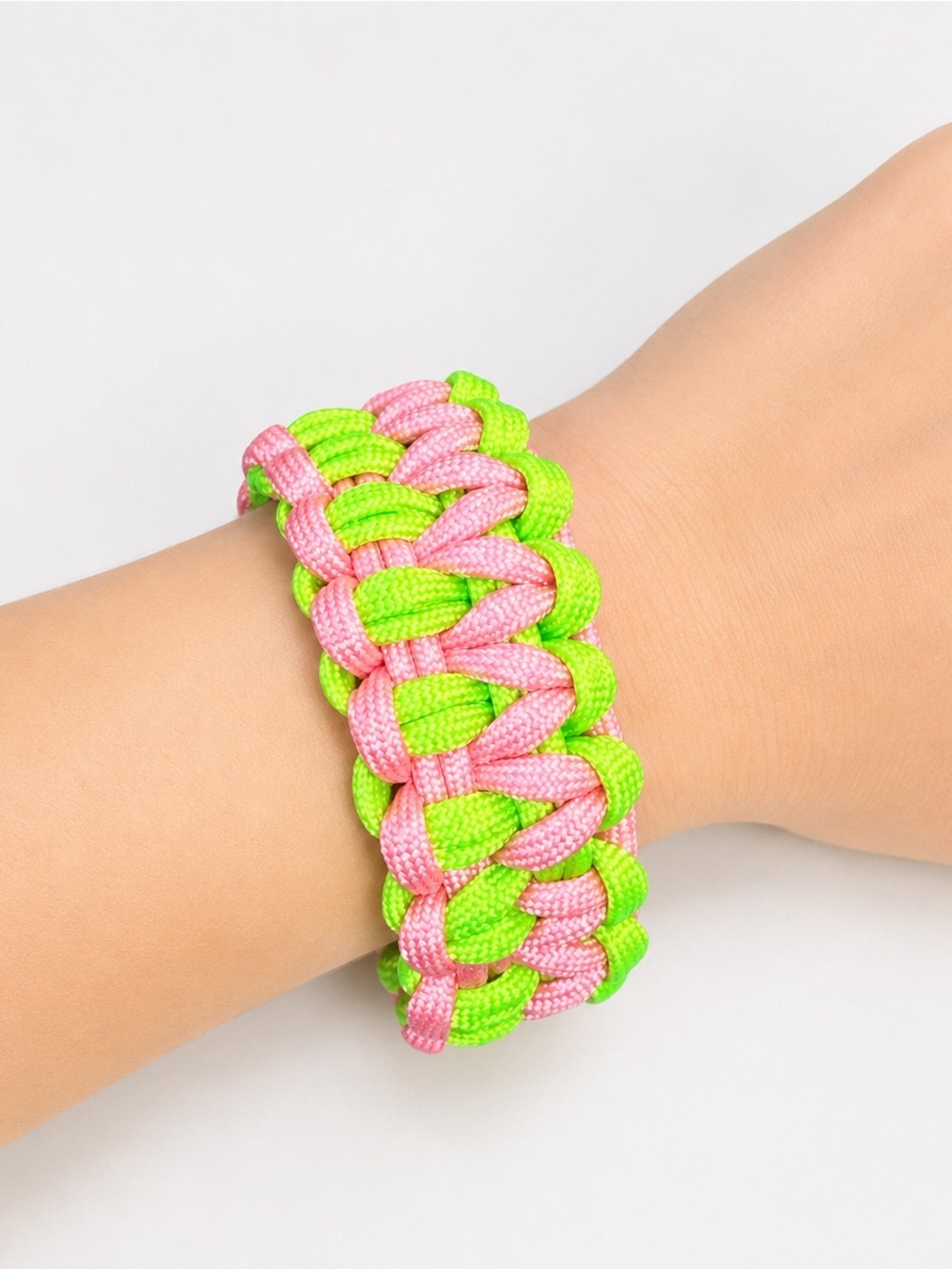 Handmade Pink Lime Green Paracord Bracelet Wide Woven 8”
